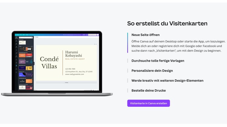 Die Grafik zeigt eine Schrit-für-Schritt Anleitung für die Erstellung von Visitenkarten in Canva.