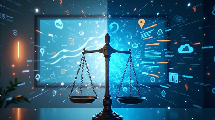 Die Waage symbolisiert, dass ChatGPT für Unternehmen im Gleichgewicht mit eigenem Input für Unternehmen genutzt werden muss.
