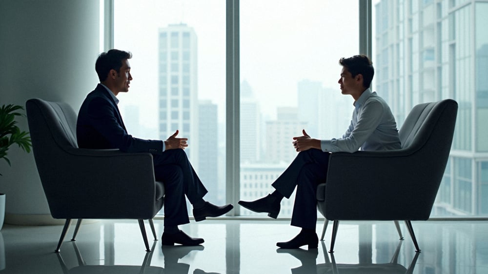 Zwei Geschäftspartner sitzen sich gegenüber und besprechen die Kosten von Leadinfo.