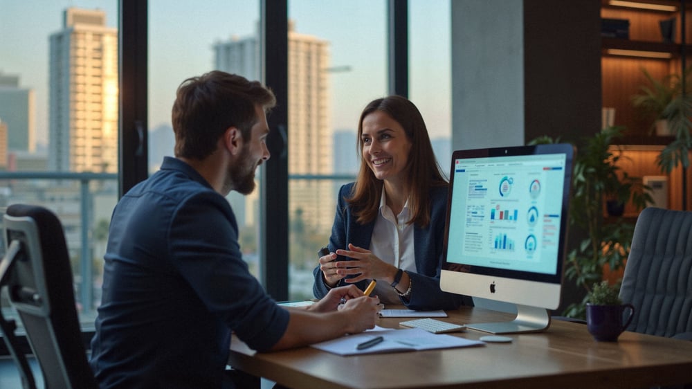 Zwei Mitarbeiter besprechen die zukünftige Automatisierung im Marketing im Unternehmen.