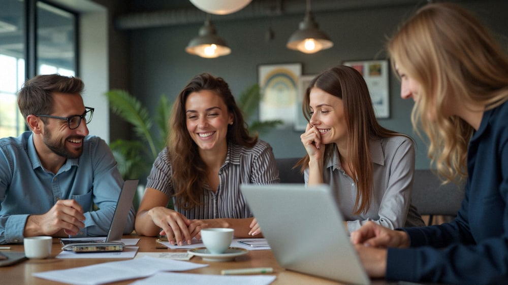 Die Kollegen sind glücklich, nachdem sie durch den Online Marketing Funnel ihre Conversions gesteigert haben.