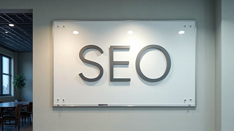 Das Board hat die Aufschrift SEO, was essentiell für Online-Marketing ist.