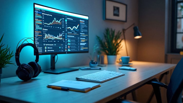 Der Home-Office Schreibtisch illustriert die Möglichkeit Trainings für Online Marketing ortsunabhängig zu machen.